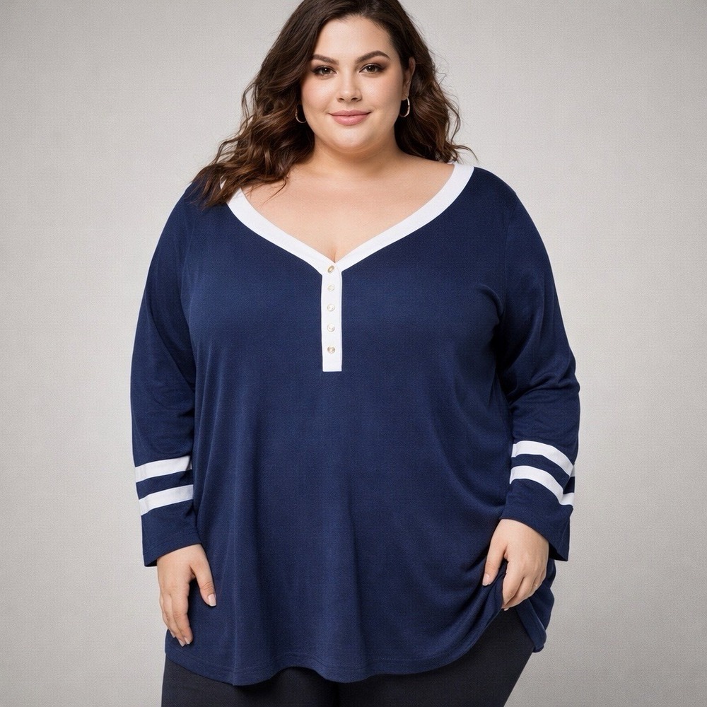 Torrid 4 Henley Top Womens 4X‎ Blue Ribbed Jersey Tunic T Shirt Plus Size Casual